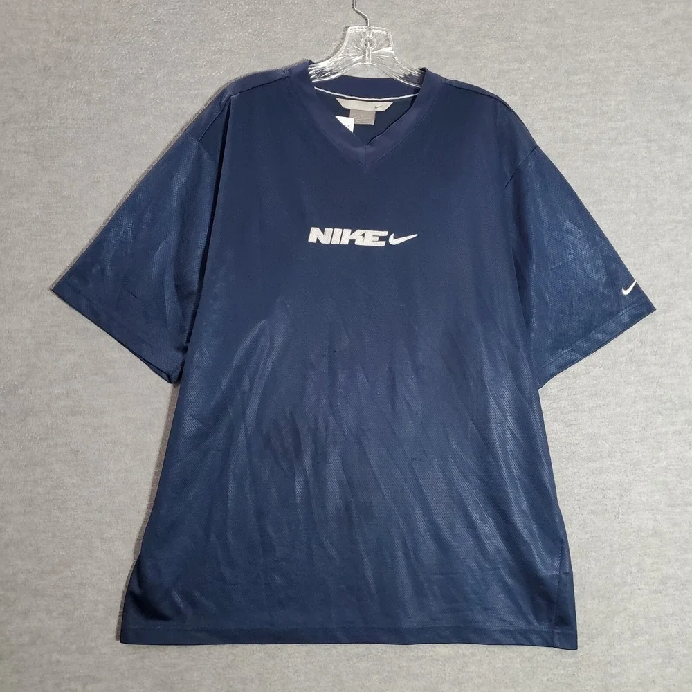 VINTAGE Nike Men Activewear Shirt Large Blue Jersey Center Logo V Neck Y2K READ